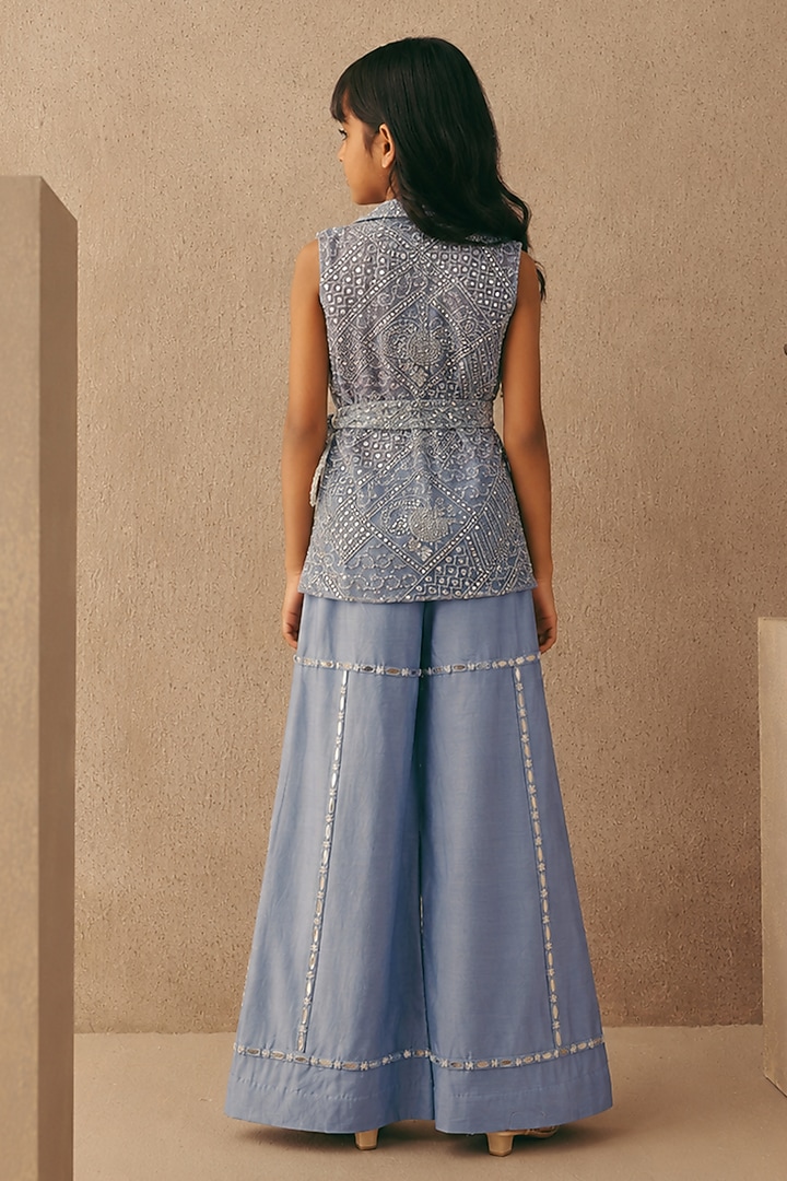 Sky Blue Net Mirrorwork Blazer Set For Girls by Twenty Nine Kids at Pernia's Pop Up Shop