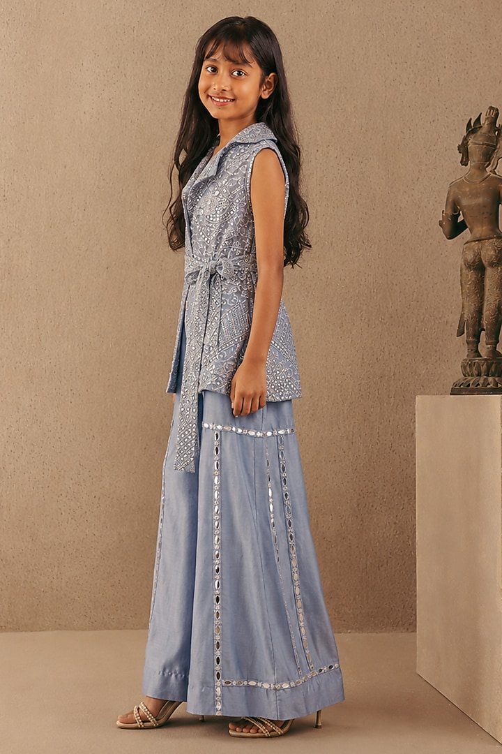 Sky Blue Net Mirrorwork Blazer Set For Girls by Twenty Nine Kids at Pernia's Pop Up Shop
