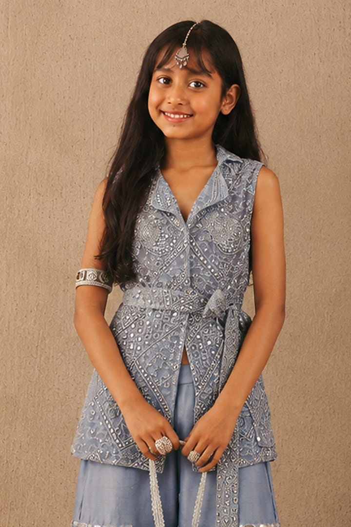 Sky Blue Net Mirrorwork Blazer Set For Girls by Twenty Nine Kids at Pernia's Pop Up Shop