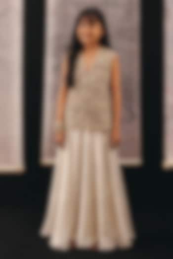 Beige Net Mirrorwork Sharara Set For Girls by Twenty Nine Kids at Pernia's Pop Up Shop