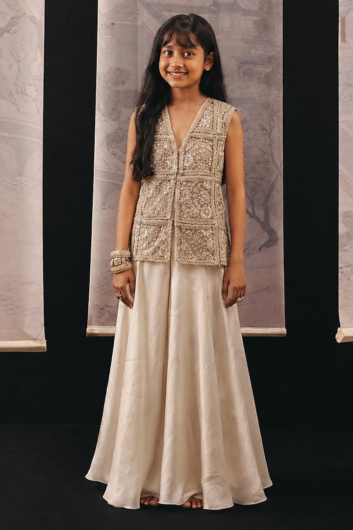 Beige Net Mirrorwork Sharara Set For Girls by Twenty Nine Kids at Pernia's Pop Up Shop