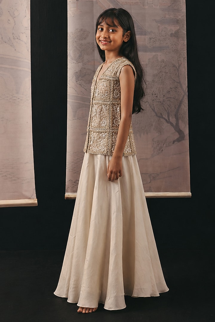 Beige Net Mirrorwork Sharara Set For Girls by Twenty Nine Kids at Pernia's Pop Up Shop