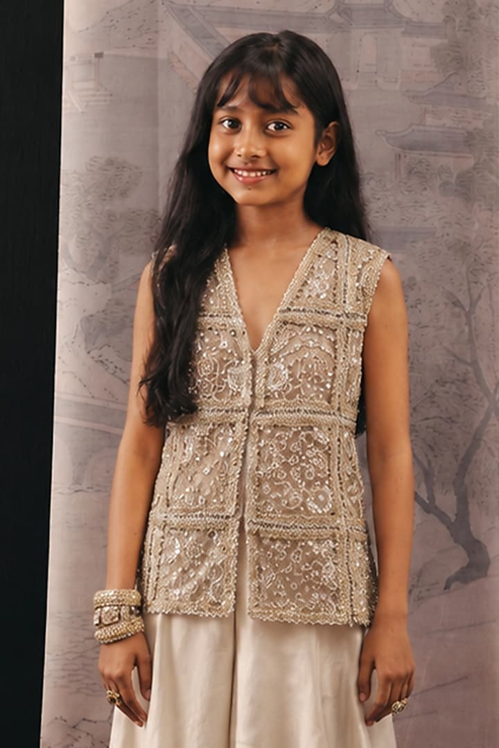 Beige Net Mirrorwork Sharara Set For Girls by Twenty Nine Kids at Pernia's Pop Up Shop