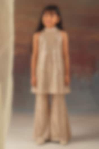 Golden Tissue Mirrorwork Boot-Cut Pants Set For Girls by Twenty Nine Kids at Pernia's Pop Up Shop