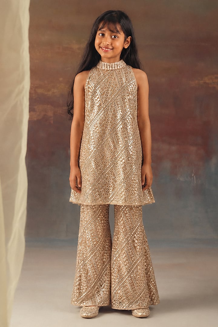 Golden Tissue Mirrorwork Boot-Cut Pants Set For Girls by Twenty Nine Kids at Pernia's Pop Up Shop