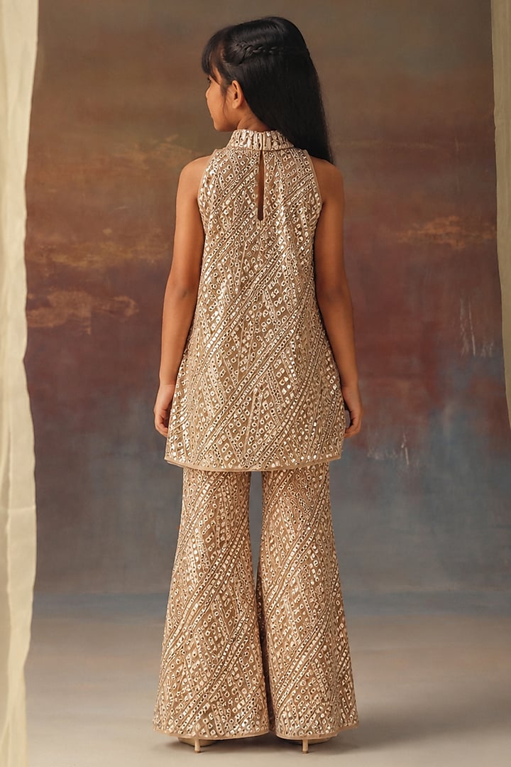 Golden Tissue Mirrorwork Boot-Cut Pants Set For Girls by Twenty Nine Kids at Pernia's Pop Up Shop