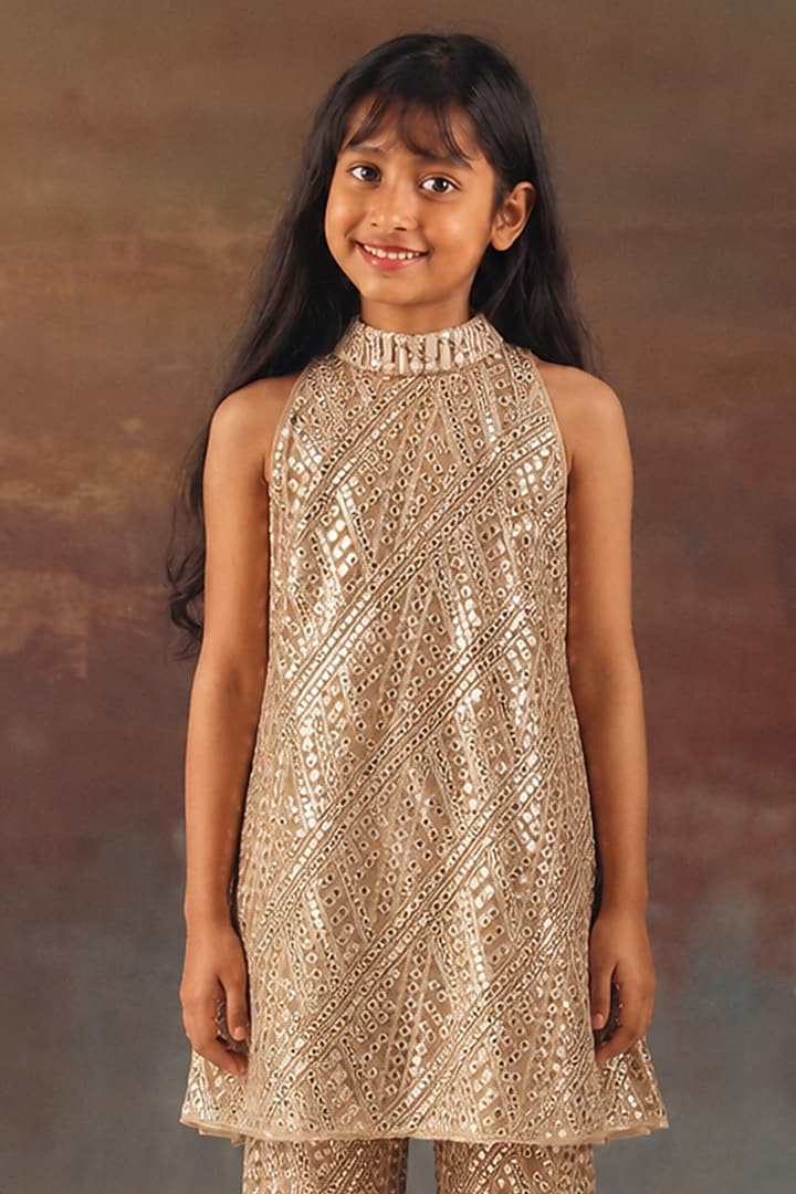 Golden Tissue Mirrorwork Boot-Cut Pants Set For Girls by Twenty Nine Kids at Pernia's Pop Up Shop
