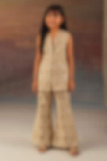 Golden Georgette Pattiwork Bootcut Pants Set For Girls by Twenty Nine Kids at Pernia's Pop Up Shop