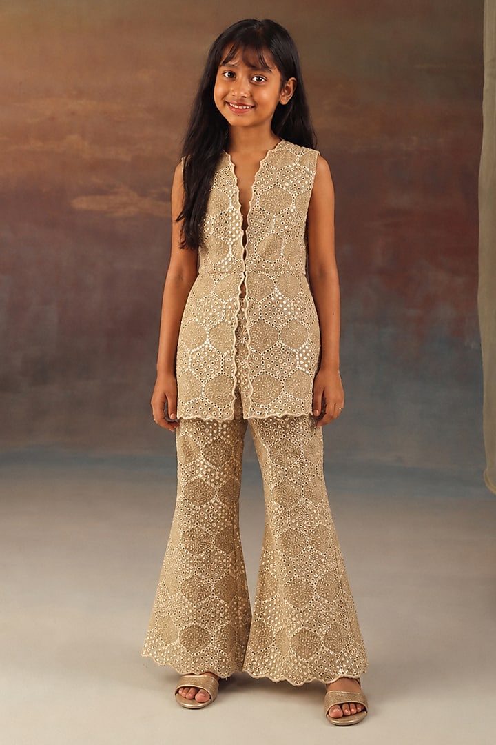 Golden Georgette Pattiwork Bootcut Pants Set For Girls by Twenty Nine Kids at Pernia's Pop Up Shop