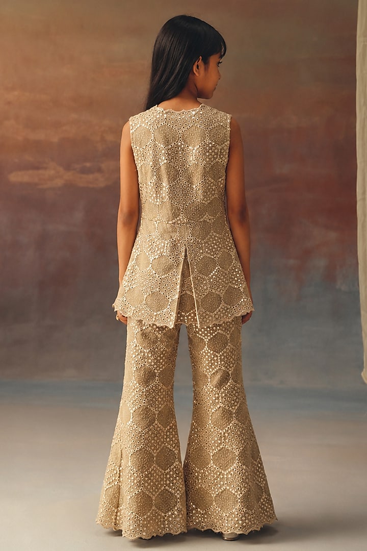 Golden Georgette Pattiwork Bootcut Pants Set For Girls by Twenty Nine Kids at Pernia's Pop Up Shop