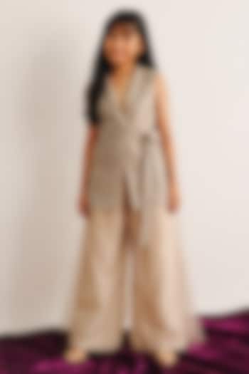 Light Gold Tulle Mirrorwork Blazer Set For Girls by Twenty Nine Kids at Pernia's Pop Up Shop