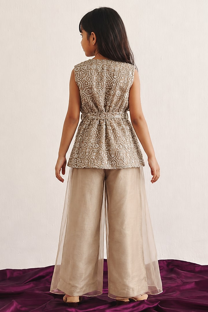 Light Gold Tulle Mirrorwork Blazer Set For Girls by Twenty Nine Kids at Pernia's Pop Up Shop