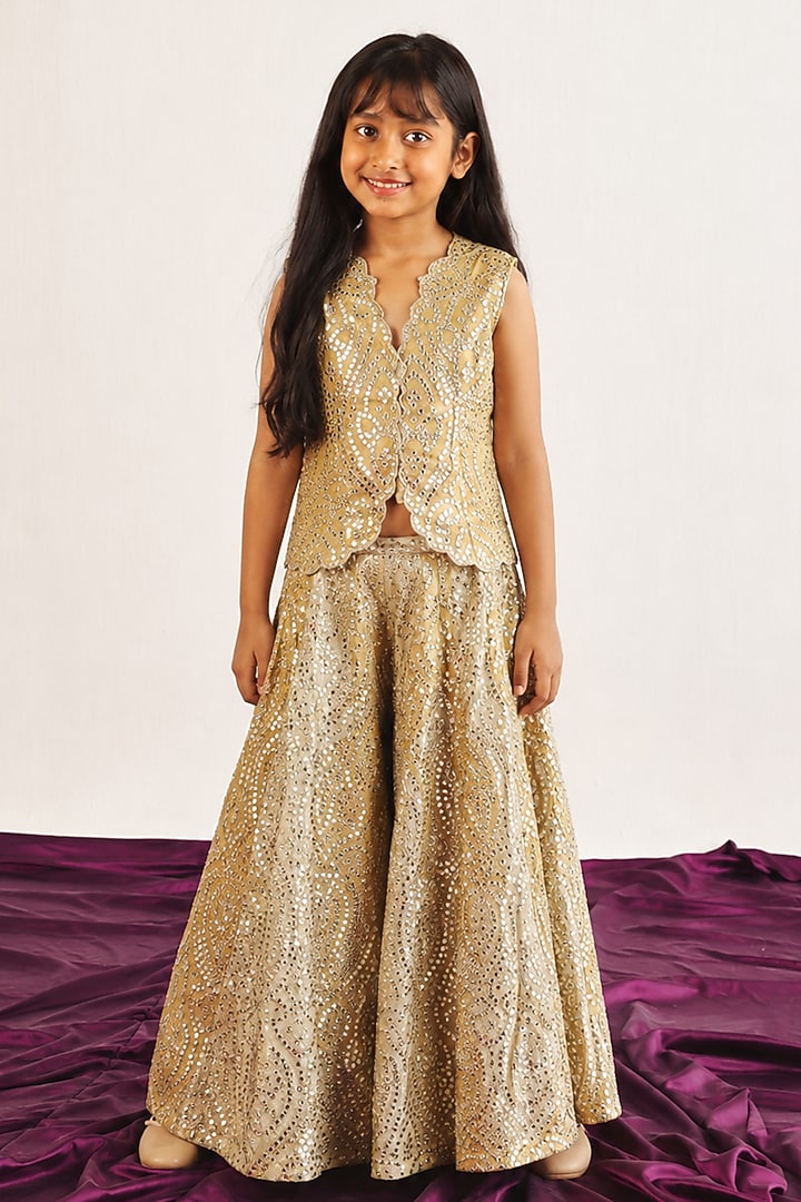 Golden Yellow Tissue Mirrorwork Sharara Set For Girls by Twenty Nine Kids at Pernia's Pop Up Shop