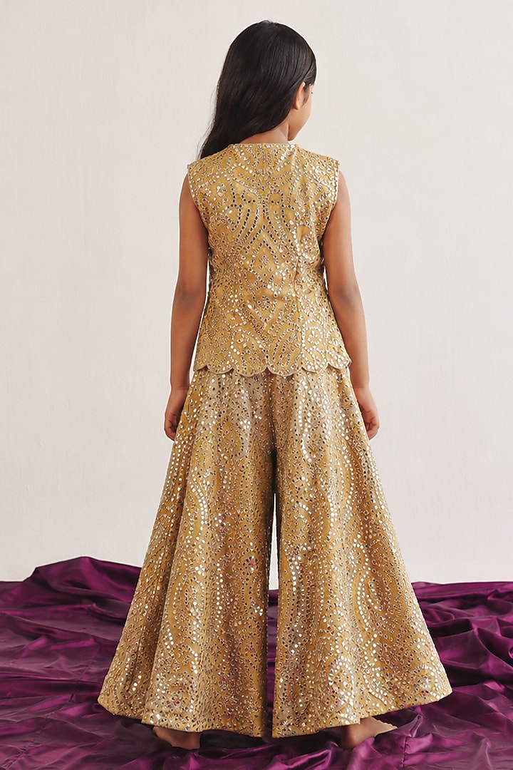 Golden Yellow Tissue Mirrorwork Sharara Set For Girls by Twenty Nine Kids at Pernia's Pop Up Shop