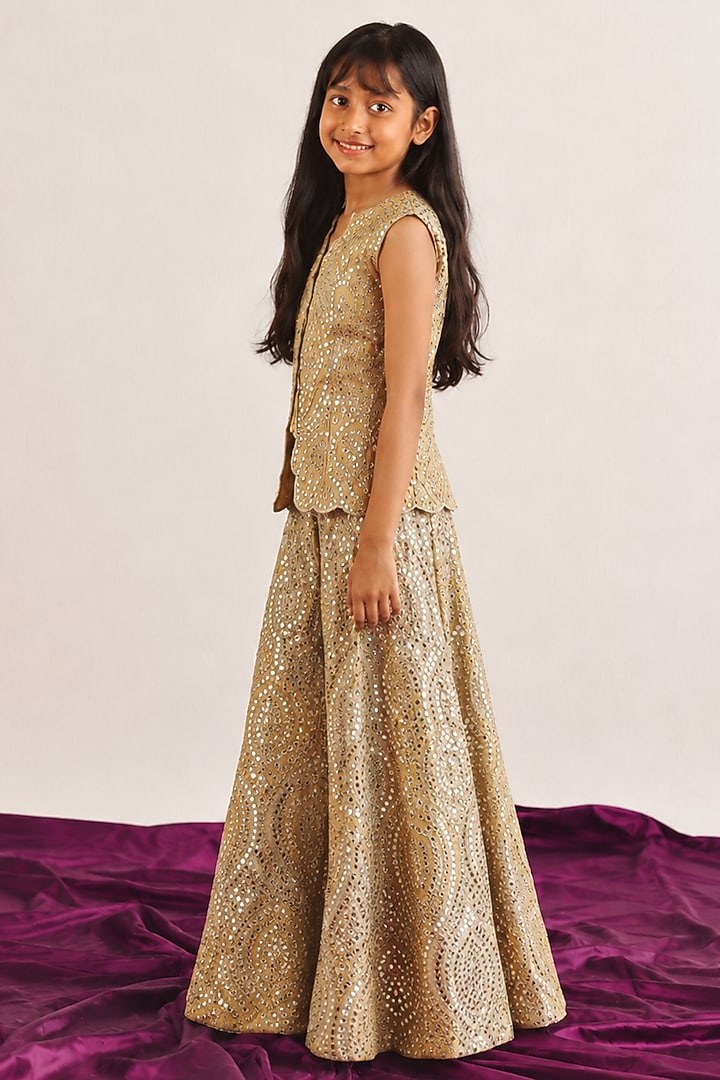 Golden Yellow Tissue Mirrorwork Sharara Set For Girls by Twenty Nine Kids at Pernia's Pop Up Shop