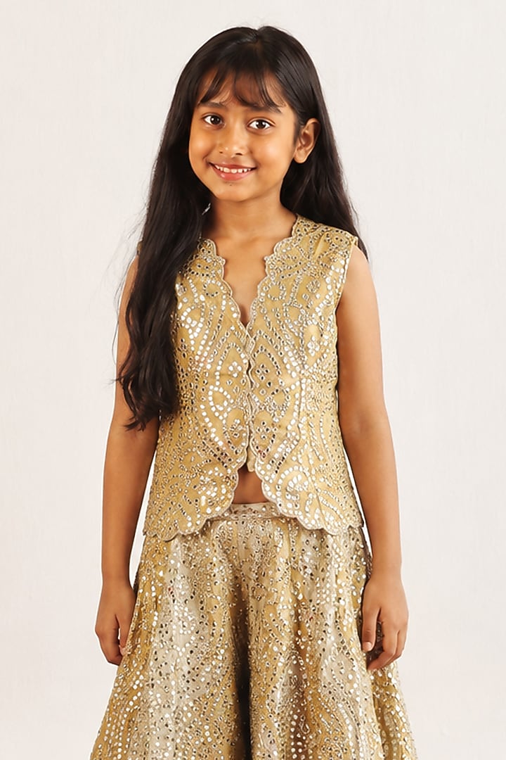 Golden Yellow Tissue Mirrorwork Sharara Set For Girls by Twenty Nine Kids at Pernia's Pop Up Shop