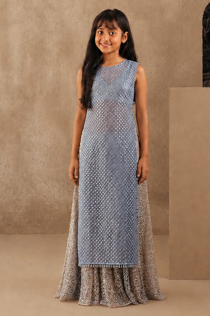 Multi-colored Net Mirrorwork Lehenga Set For Girls by Twenty Nine Kids at Pernia's Pop Up Shop