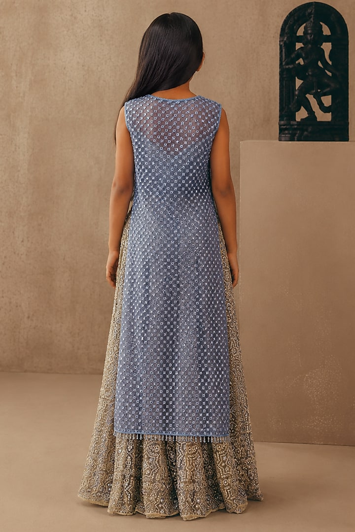 Multi-colored Net Mirrorwork Lehenga Set For Girls by Twenty Nine Kids at Pernia's Pop Up Shop