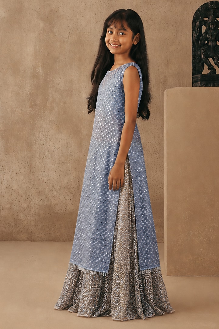 Multi-colored Net Mirrorwork Lehenga Set For Girls by Twenty Nine Kids at Pernia's Pop Up Shop