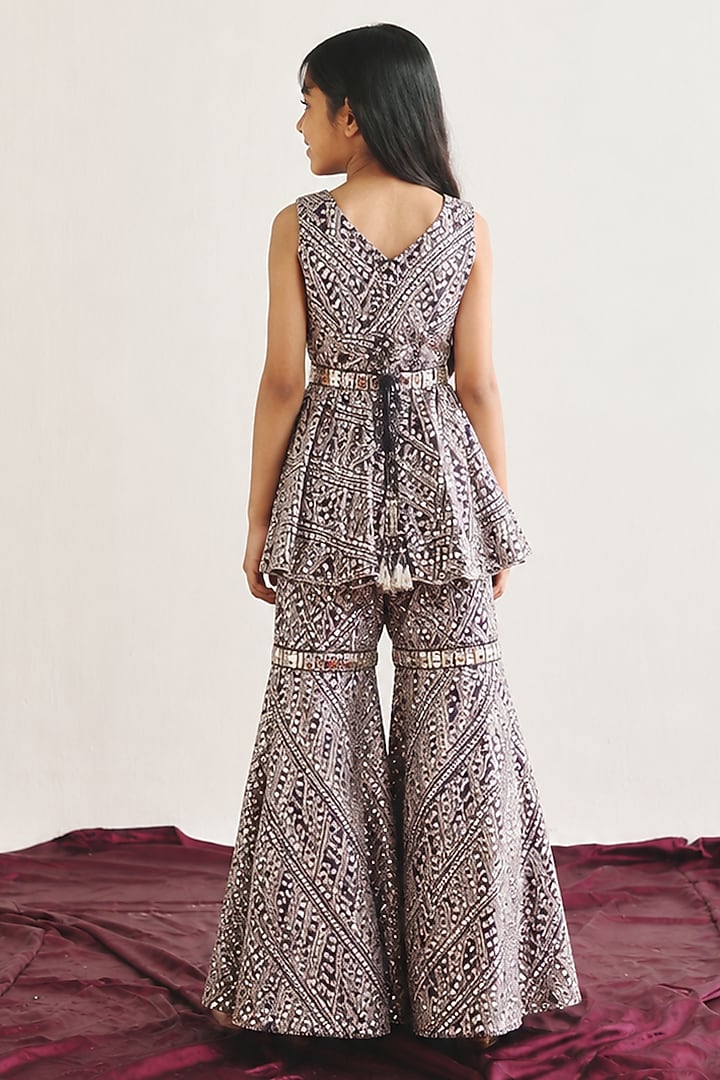 Aubergine Purple Tissue Mirrorwork Pants Set For Girls by Twenty Nine Kids at Pernia's Pop Up Shop