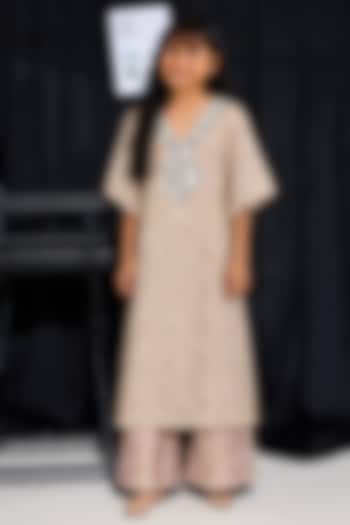 Blush Peach Tulle Mirrorwork Kaftan Set For Girls by Twenty Nine Kids at Pernia's Pop Up Shop