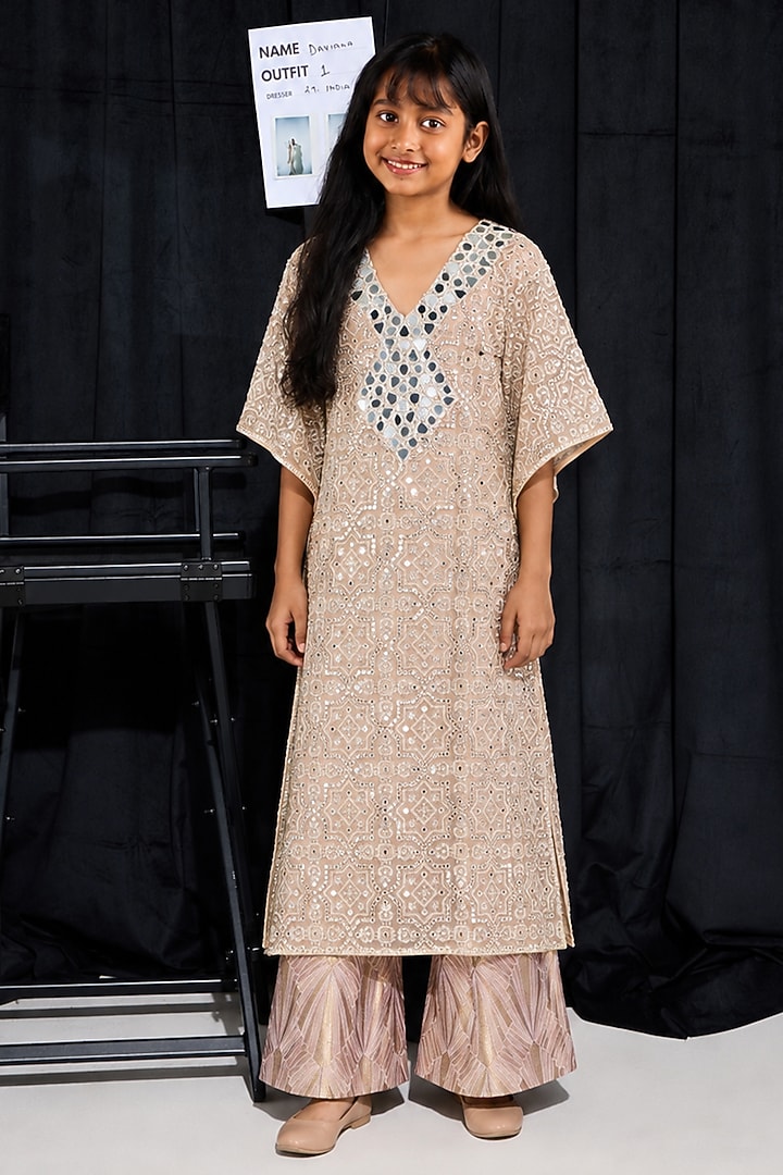 Blush Peach Tulle Mirrorwork Kaftan Set For Girls by Twenty Nine Kids at Pernia's Pop Up Shop