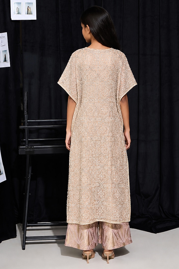 Blush Peach Tulle Mirrorwork Kaftan Set For Girls by Twenty Nine Kids at Pernia's Pop Up Shop
