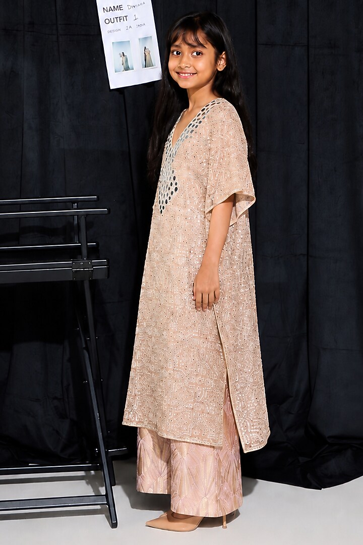 Blush Peach Tulle Mirrorwork Kaftan Set For Girls by Twenty Nine Kids at Pernia's Pop Up Shop