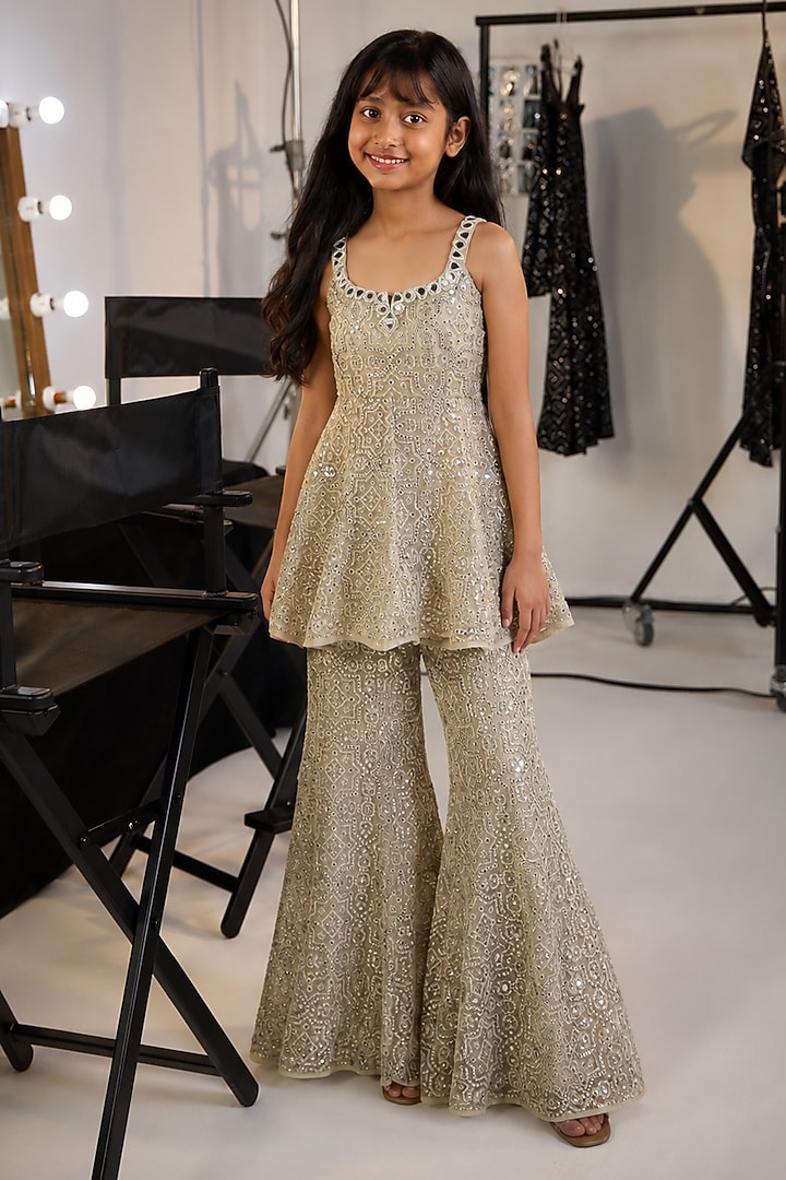 Silver Tulle Mirror Embellished Boot-Cut Pants Set For Girls by Twenty Nine Kids at Pernia's Pop Up Shop