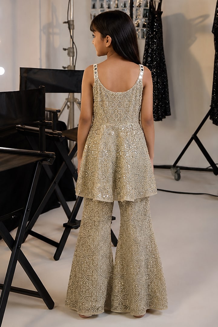 Silver Tulle Mirror Embellished Boot-Cut Pants Set For Girls by Twenty Nine Kids at Pernia's Pop Up Shop