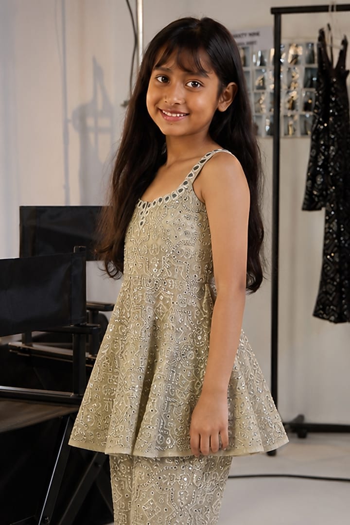 Silver Tulle Mirror Embellished Boot-Cut Pants Set For Girls by Twenty Nine Kids at Pernia's Pop Up Shop
