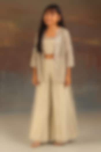 Silver Net Mirrorwork Scalloped Jacket Set For Girls by Twenty Nine Kids at Pernia's Pop Up Shop