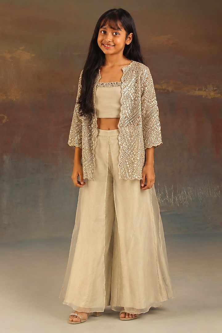 Silver Net Mirrorwork Scalloped Jacket Set For Girls by Twenty Nine Kids at Pernia's Pop Up Shop