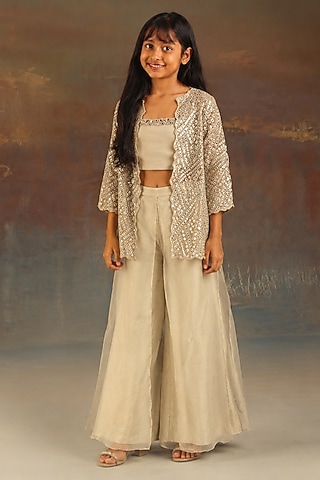 Silver Net Mirrorwork Scalloped Jacket Set For Girls by Twenty Nine Kids