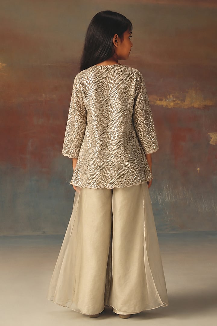 Silver Net Mirrorwork Scalloped Jacket Set For Girls by Twenty Nine Kids at Pernia's Pop Up Shop