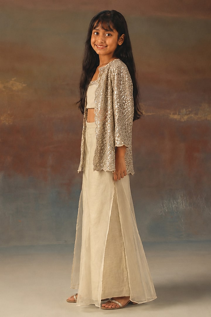 Silver Net Mirrorwork Scalloped Jacket Set For Girls by Twenty Nine Kids at Pernia's Pop Up Shop