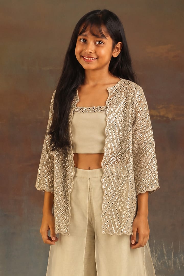 Silver Net Mirrorwork Scalloped Jacket Set For Girls by Twenty Nine Kids at Pernia's Pop Up Shop