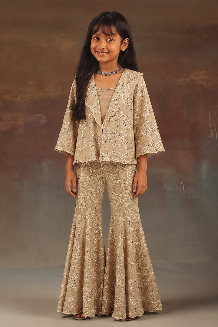Golden Georgette Pattiwork A-line Blazer Set For Girls by Twenty Nine Kids at Pernia's Pop Up Shop