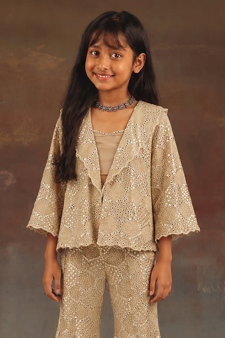 Golden Georgette Pattiwork A-line Blazer Set For Girls by Twenty Nine Kids at Pernia's Pop Up Shop