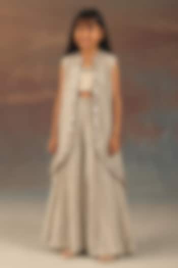 Silver Net Mirrorwork Asymmetric Jacket Set For Girls by Twenty Nine Kids at Pernia's Pop Up Shop