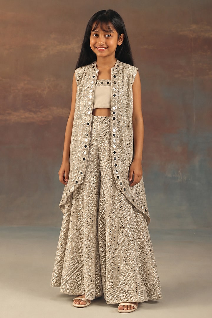 Silver Net Mirrorwork Asymmetric Jacket Set For Girls by Twenty Nine Kids at Pernia's Pop Up Shop