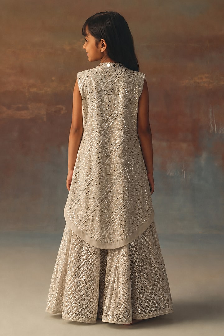 Silver Net Mirrorwork Asymmetric Jacket Set For Girls by Twenty Nine Kids at Pernia's Pop Up Shop