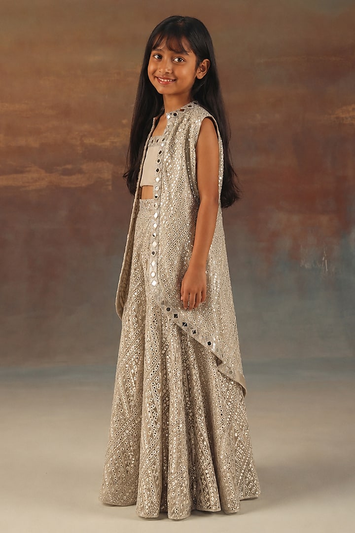 Silver Net Mirrorwork Asymmetric Jacket Set For Girls by Twenty Nine Kids at Pernia's Pop Up Shop
