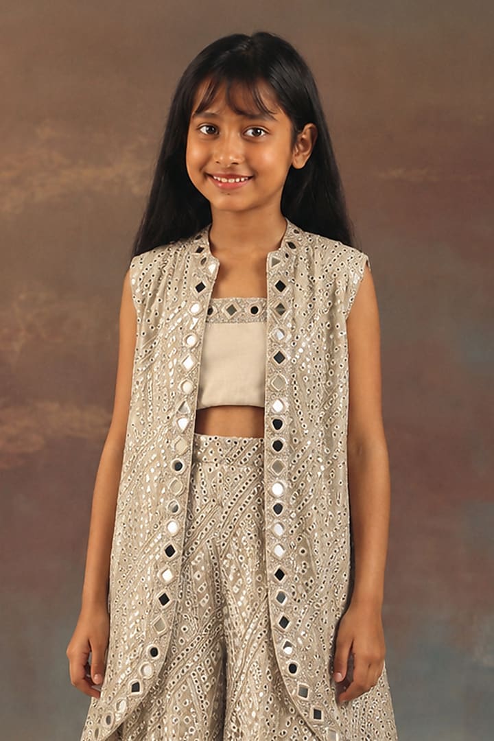 Silver Net Mirrorwork Asymmetric Jacket Set For Girls by Twenty Nine Kids at Pernia's Pop Up Shop