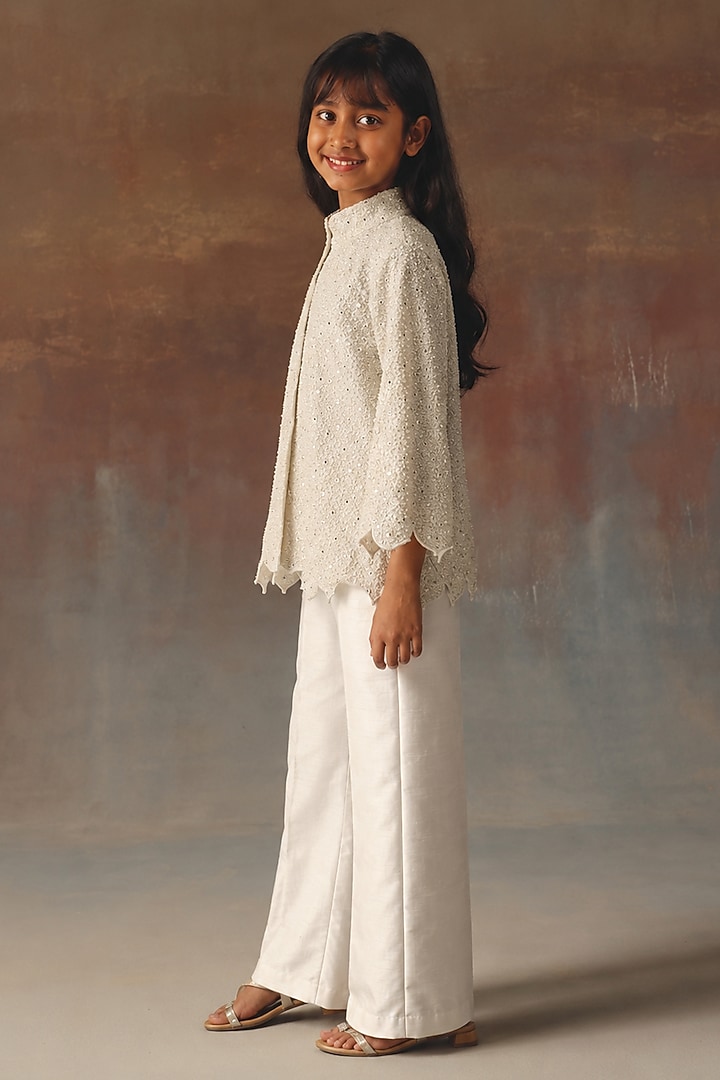 Ivory Mirror Work High Neck Jacket Set For Girls by Twenty Nine Kids at Pernia's Pop Up Shop