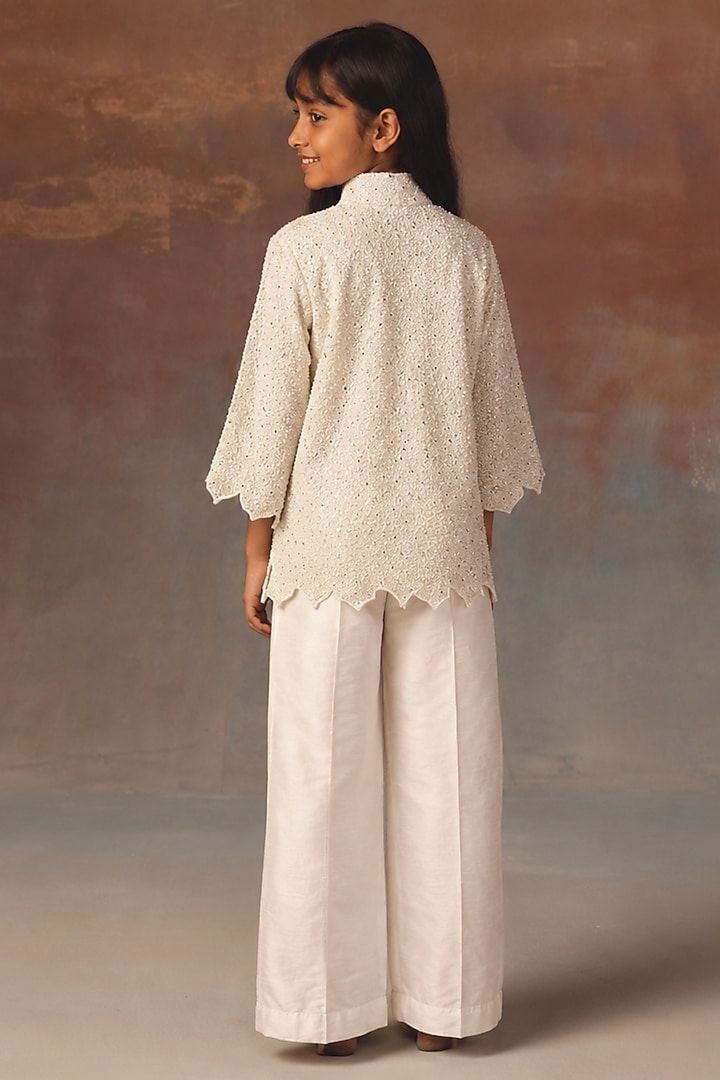 Ivory Mirror Work High Neck Jacket Set For Girls by Twenty Nine Kids at Pernia's Pop Up Shop