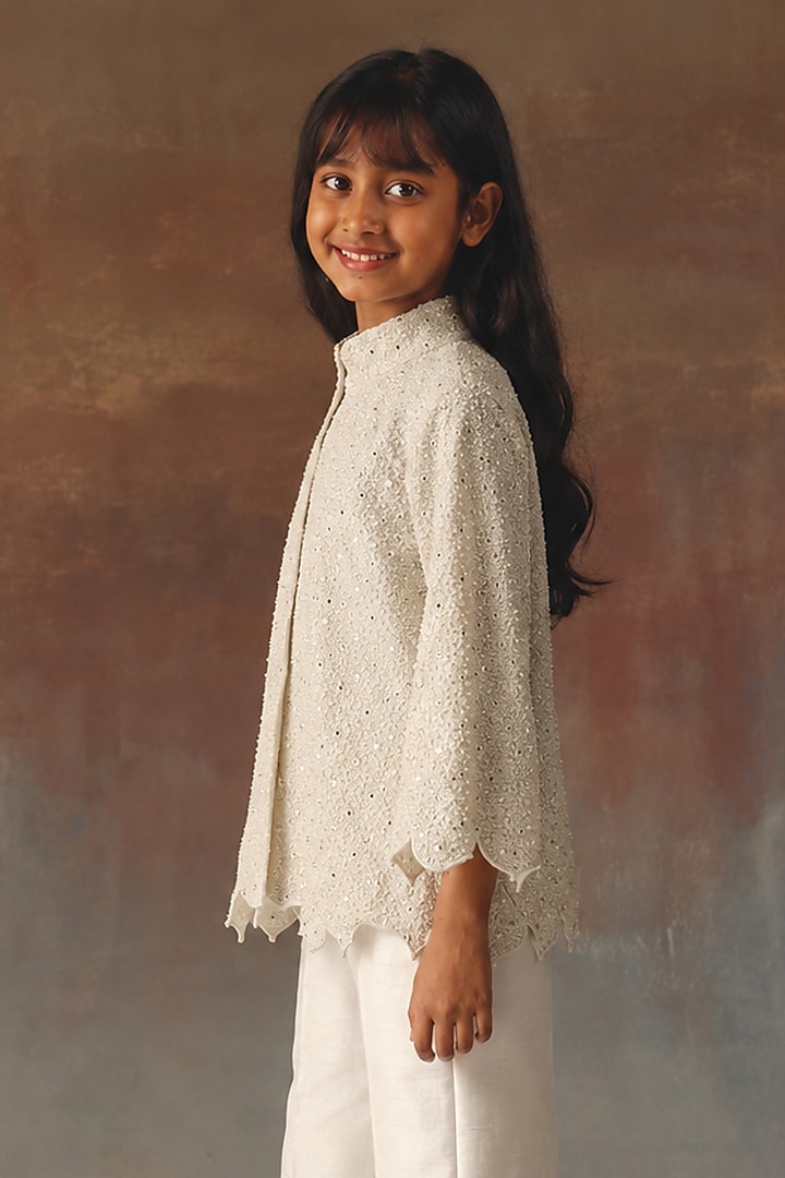 Ivory Mirror Work High Neck Jacket Set For Girls by Twenty Nine Kids at Pernia's Pop Up Shop