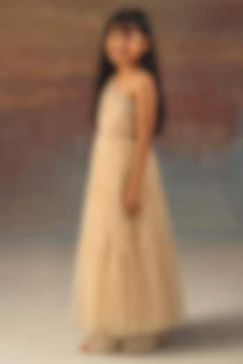 Watery Peach Net Mirror Work One-Shoulder Anarkali Set For Girls by Twenty Nine Kids at Pernia's Pop Up Shop