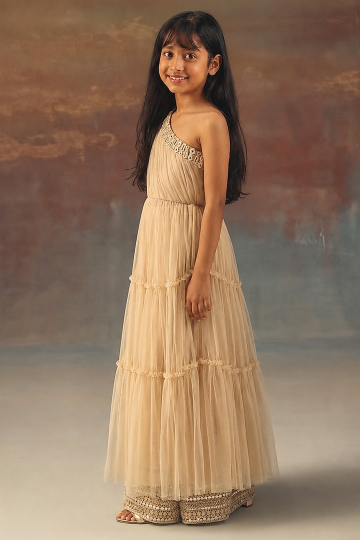 Watery Peach Net Mirror Work One-Shoulder Anarkali Set For Girls by Twenty Nine Kids at Pernia's Pop Up Shop