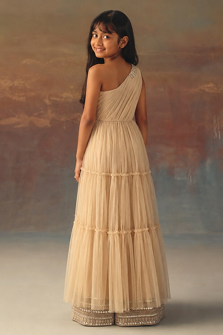Watery Peach Net Mirror Work One-Shoulder Anarkali Set For Girls by Twenty Nine Kids at Pernia's Pop Up Shop